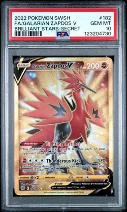 2022 Pokemon SHSH Brilliant Stars Secret Rare Galarian Zapdos V 182/172 PSA 10 - Image 1