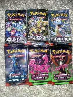 POKEMON SCARLET & VIOLET LOT (6) BOOSTER PACKS STELLAR CROWN SHROULDED FABLE TE - Image 1