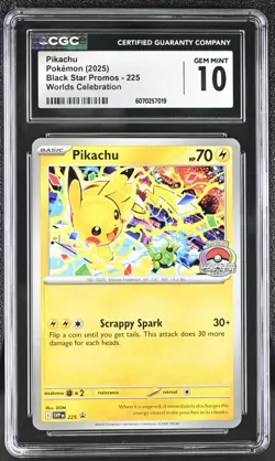 CGC 10 Pikachu SVP 225 Worlds Celebration Promo Pokemon Card - Image 1