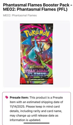 Pokemon TCG: Mega Evolution Phantasmal Flames Booster Pack Ships 11/14 - Image 1