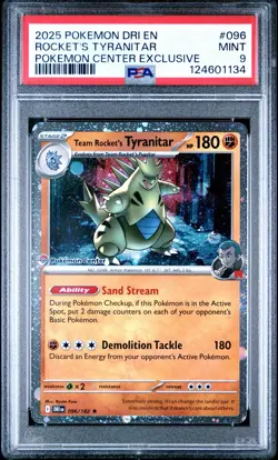 2025 POKEMON DESTINED RIVALS POKEMON CENTER #096 TEAM ROCKET'S TYRANITAR PSA 9 - Image 1