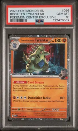 PSA 10 2025 POKEMON DESTINED RIVALS POKEMON CENTER #096 TEAM ROCKET'S TYRANITAR - Image 1