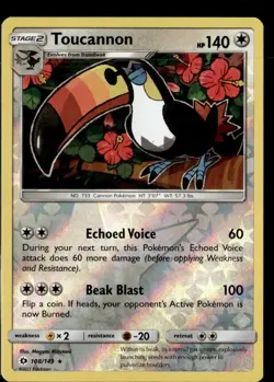 Pokemon Toucannon 108/149 Sun Moon Base Set Reverse Holo Rare 2 Card Lot - Image 1