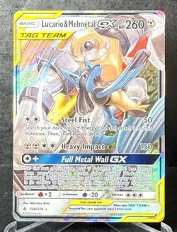 2019 Pokemon Sun & Moon Unbroken Bonds Lucario Melmetal Tag Team Holo #120/214 - Image 1