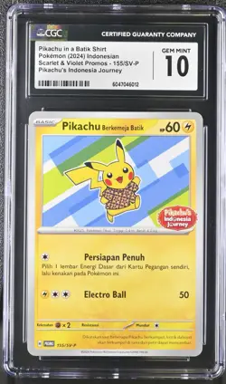 CGC 10 - Pikachu in Batik Shirt 155/SV-P Promo Pokemon Indonesian Exclusive Gem - Image 1
