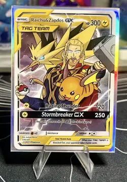 Raichu Zapdos Thor Tag Team Custom Fan Art Pokemon Card w/ Holo Sleeve - Image 1