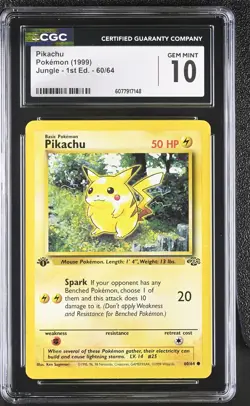 CGC 10 GEM MINT Pikachu 1999 Jungle 1st Edition 60/64 Pokemon Card - Image 1