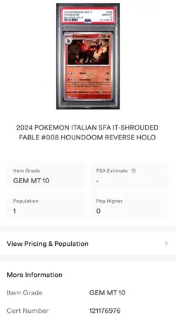 2024 POKEMON SFA ITALIAN IT SHROUDED FABLE #008 HOUNDOOM REV HOLO PSA 10 Pop 1/1 - Image 3