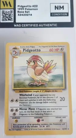 WAG Certified NM Pokemon TCG: Pidgeotto 022/102 Rare Non-Holo Unlimited Base Set - Image 1
