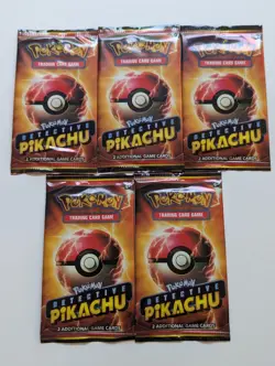 Detective Pikachu booster pack 2-card Promo Pack Lot (5X) five packs - Sealed - Image 1