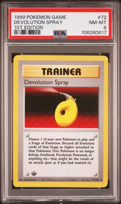 1999 Pokemon Game Base Set #72 Devolution Spray 1st Edition Shadowless PSA 8 - Image 1