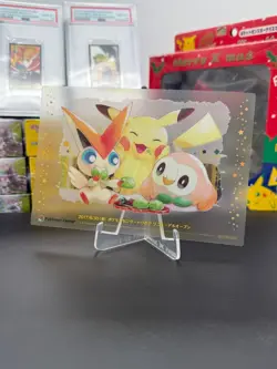 POKEMON CENTER 2017 CLEAR CARD PIKACHU VICTINI ROWLET PROMO RARE - Image 1