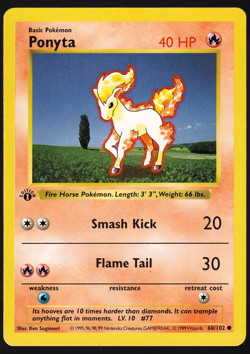 Ponyta 1st Edition Shadowless 60/102 Base Set Pokemon TCG Card 1999 LP - Image 1