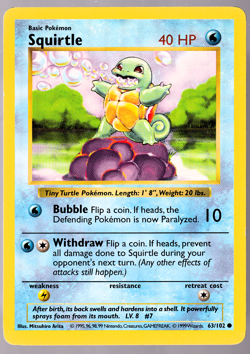 Squirtle Shadowless 63/102 Base Set Pokemon TCG Card 1999 LP - Image 1