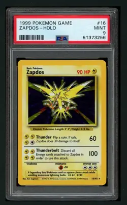 Pokemon PSA 9 Mint 1999 Zapdos Base set Unlimited Holo #16 - Image 1