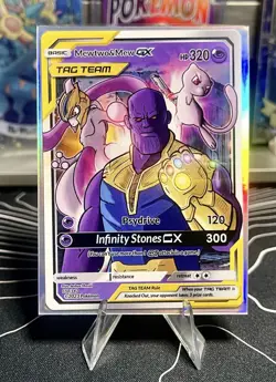 Thanos Mew & Mewtwo Custom Fan Art Pokemon Card w/ Holo Sleeve - Image 1