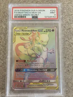 2019 Pokemon Unified Minds Mewtwo & Mew GX #242/236 PSA 9 - Rainbow Secret Rare - Image 1