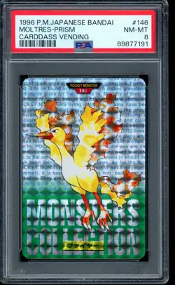 1996 Pokemon Moltres Prism Carddass Bandai Vending Holo Rare #146 PSA 8 NM-MT - Image 1