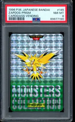 1996 Pokemon Zapdos Prism Carddass Bandai Vending Holo Rare #145 PSA 8 NM-MT - Image 1