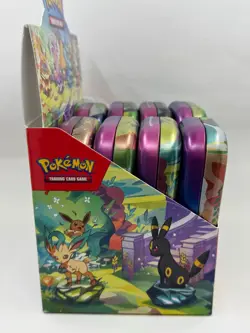 EMPTY Pokemon Prismatic Evolutions Mini Tin Display - W/ Coins & Display Cards - Image 3