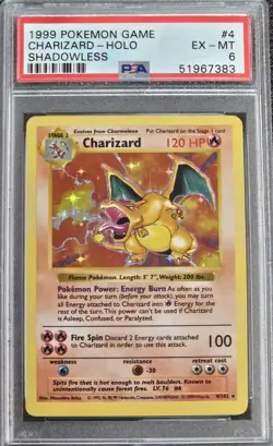 1999 Pokemon TCG Charizard Base Set Holo Shadowless Rare 4/102 PSA 6 - Image 1