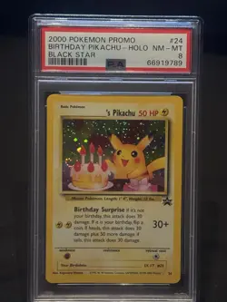 Birthday Pikachu Holo #24 Black Star Promo Pokemon PSA 8 🎂🎈 with Swirl 🌀 - Image 1