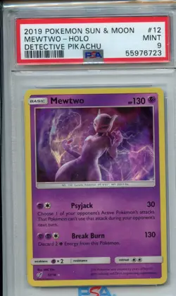 2019 Pokemon Sun & Moon Detective Pikachu 12 Mewtwo Holo PSA 9 - Image 1