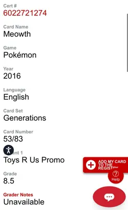 Pokemon TCG Meowth Toys R Us Promos Holo Generations 53/83 CGC 8.5 Near Mint - Image 3