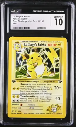 CGC 10 Lt. Surge's Raichu Gym Challenge 1st Edition 11/132 Holo Pokemon Card - Image 1