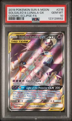 PSA 10 2019 Pokemon Sun & Moon Cosmic Eclipse Solgaleo & Lunala Gx # 216 - Image 1