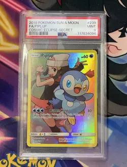 Pokemon TCG Piplup Holo Secret Rare Card Sun & Moon Cosmic Eclipse 239/236 PSA 9 - Image 1