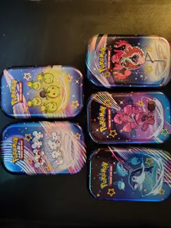 5 EMPTY Pokemon TCG Paldean Fates Mini Tins w/ Stickers - EMPTY NO PACKS - Image 1