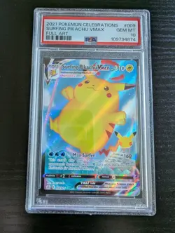 PSA 10 GEM Surfing Pikachu VMAX Celebrations Full Art Pokemon Card 009/025 - Image 1