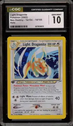Pokemon Light Dragonite Neo Destiny 1st Edition Holo Rare #14 CGC 10 Gem Mint - Image 1