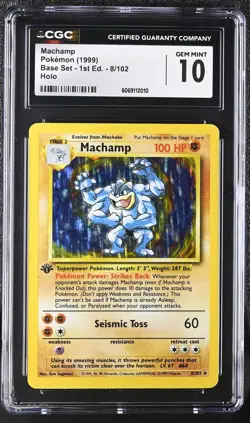CGC 10 GEM MINT Machamp 1999 Base Set 1st Edition 8/102 Holo Pokemon Card - Image 1