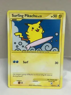 2009 Pokemon Rising Rivals Surfing Pikachu 114/111 Secret Rare Holo Card (LP/MP) - Image 1