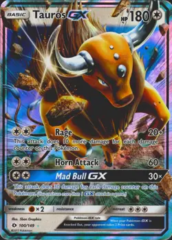 Tauros GX 100/149 Ultra Rare SM Base Set Pokemon Card MP - Image 1