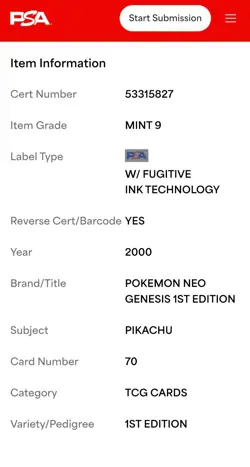 PSA 9(Mint)(1st Edition,Pikachu,(Set-Neo Genesis(#70)[Year-2000]Pokemon - Image 4