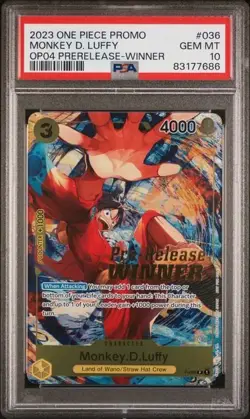 Monkey D. Luffy Winner P-036 OP04 Pre-Release Promo One Piece Card PSA 10 - Image 1