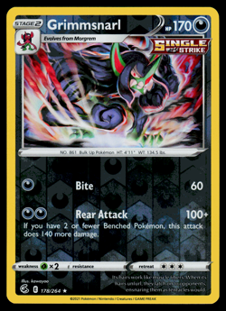 Pokemon Card - SWSH - Fusion Strike Grimmsnarl 178/264 Reverse Holo - NM - Image 1