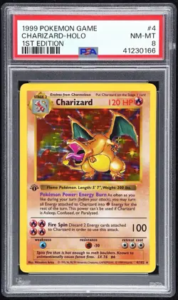 PSA 8 CHARIZARD 1999 POKEMON 1ST EDITION THICK STAMP SHADOWLESS #4 HOLO NM-MINT - Image 1