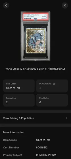 Psa 10 2000 Merlin Pokemon 2 Ryhdon Prism - Image 3