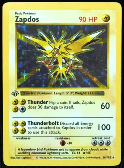 1st Edition Shadowless Zapdos 16/102 LP/MP Holo Pokemon Card Thick Stamp - Image 1