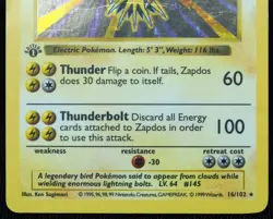 1st Edition Shadowless Zapdos 16/102 LP/MP Holo Pokemon Card Thick Stamp - Image 4