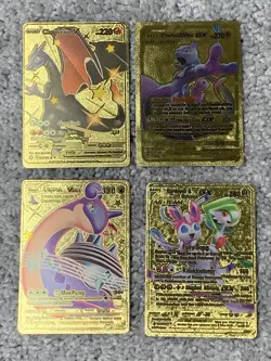 Set of 4 Pokemon Charizard,Mewtwo&Mew,Lapras&Gardevoir Gold Foil Fan Art Cards - Image 1