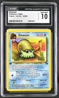CGC 10 GEM MINT Omanyte 1999 Fossil 1st Edition 52/62 Pokemon Card - Image 1