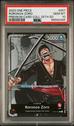 2023 ONE PIECE PREM BANDAI PREM CARD COLL 25TH ED #001 RORONOA ZORO PSA 10 - Image 1