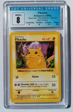 CGC 8 Pikachu 1999 Base Set 58/102 Shadowless Red Cheeks Pokemon Card - Image 1