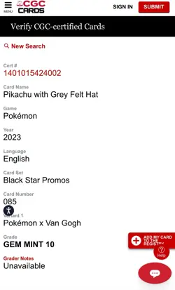 2023 POKEMON X VAN GOGH #085 PIKACHU WITH GREY FELT HAT CGC 10 GEM MINT - Image 4