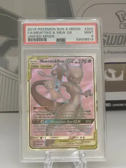 Unified Minds 2019 Pokemon Sun & Moon FA/Mewtwo Mew GX #222 PSA 9 Tag Team - Image 1